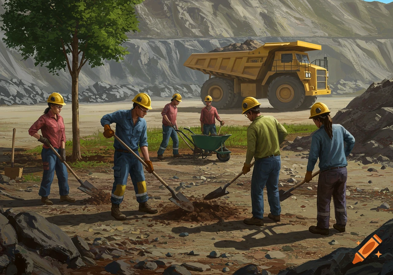 Illustration of mining or construction workers digging with shovels and a wheelbarrow, with a large dump truck in the background.
