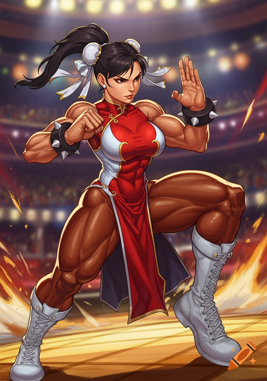 Muscular Chun-Li in fighting stance in a brightly lit arena, stylized illustration.