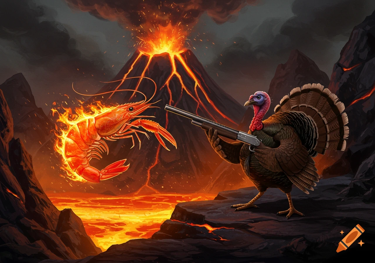 A turkey holding a shotgun faces off against a flaming shrimp in front of an erupting volcano.