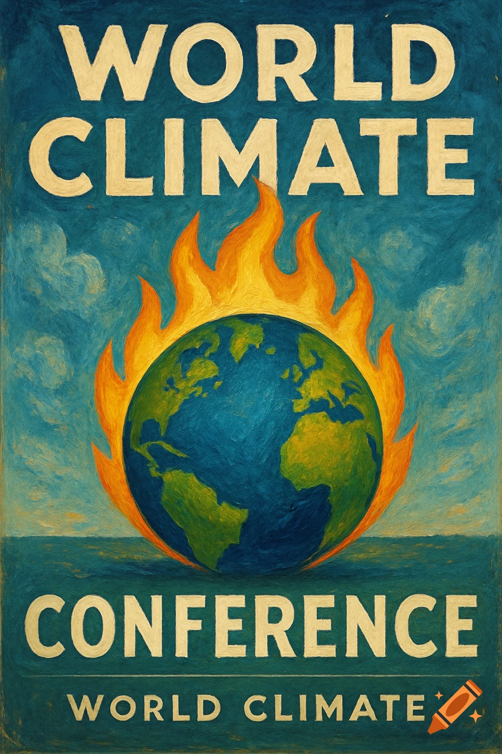 Poster showing the Earth engulfed in flames with text 'World Climate Conference' in a painted style.