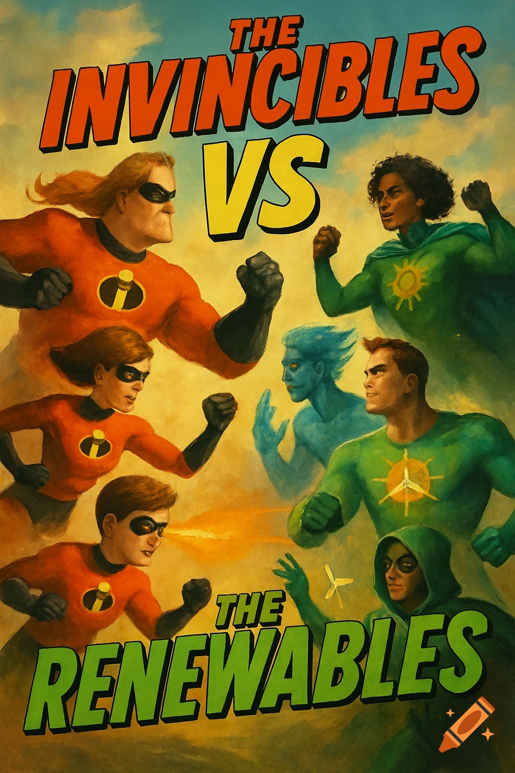 Superhero movie poster showing two teams, The Invincibles and The Renewables.