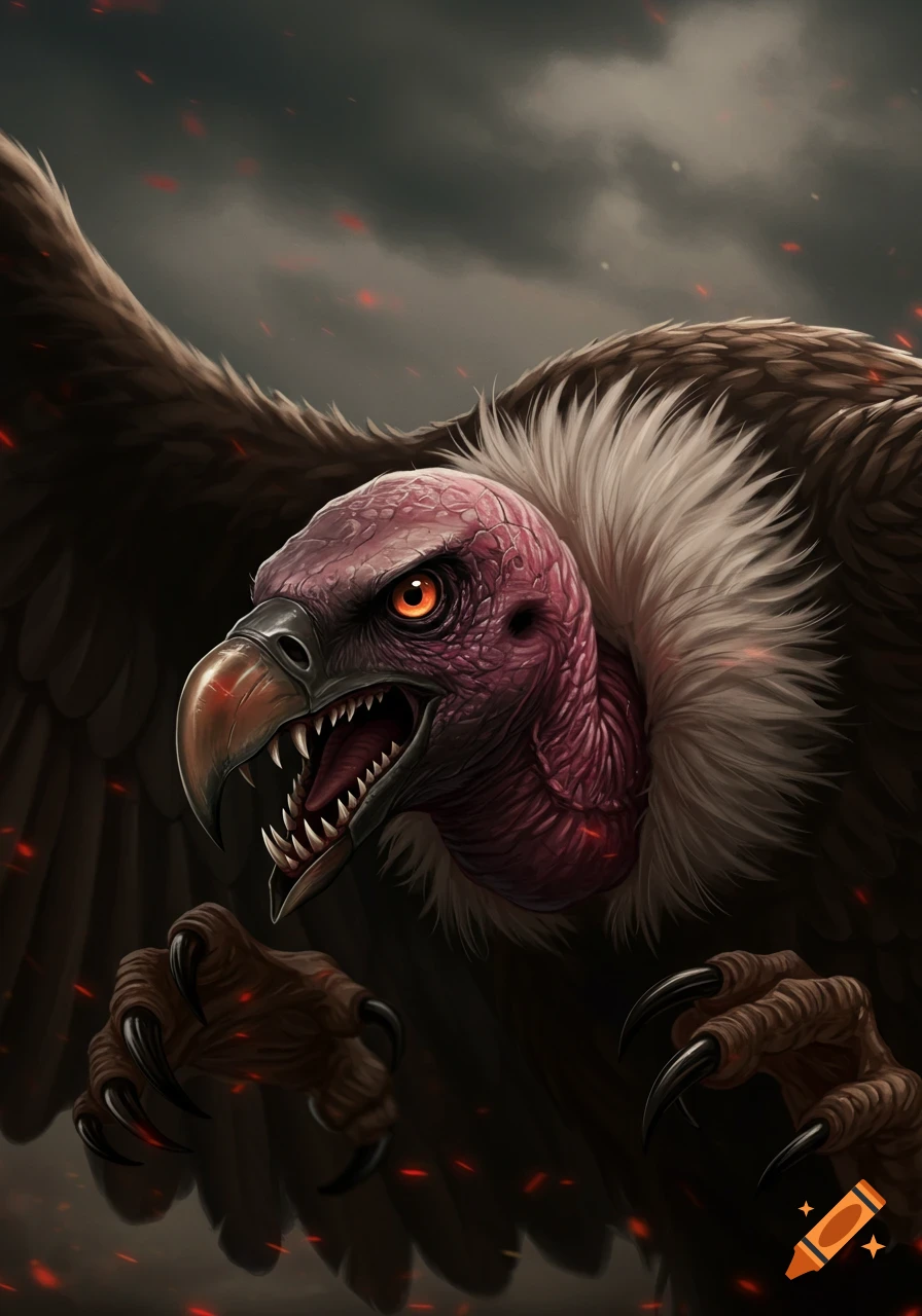 Close-up illustration of a fierce vulture with teeth against a dark sky with red sparks.