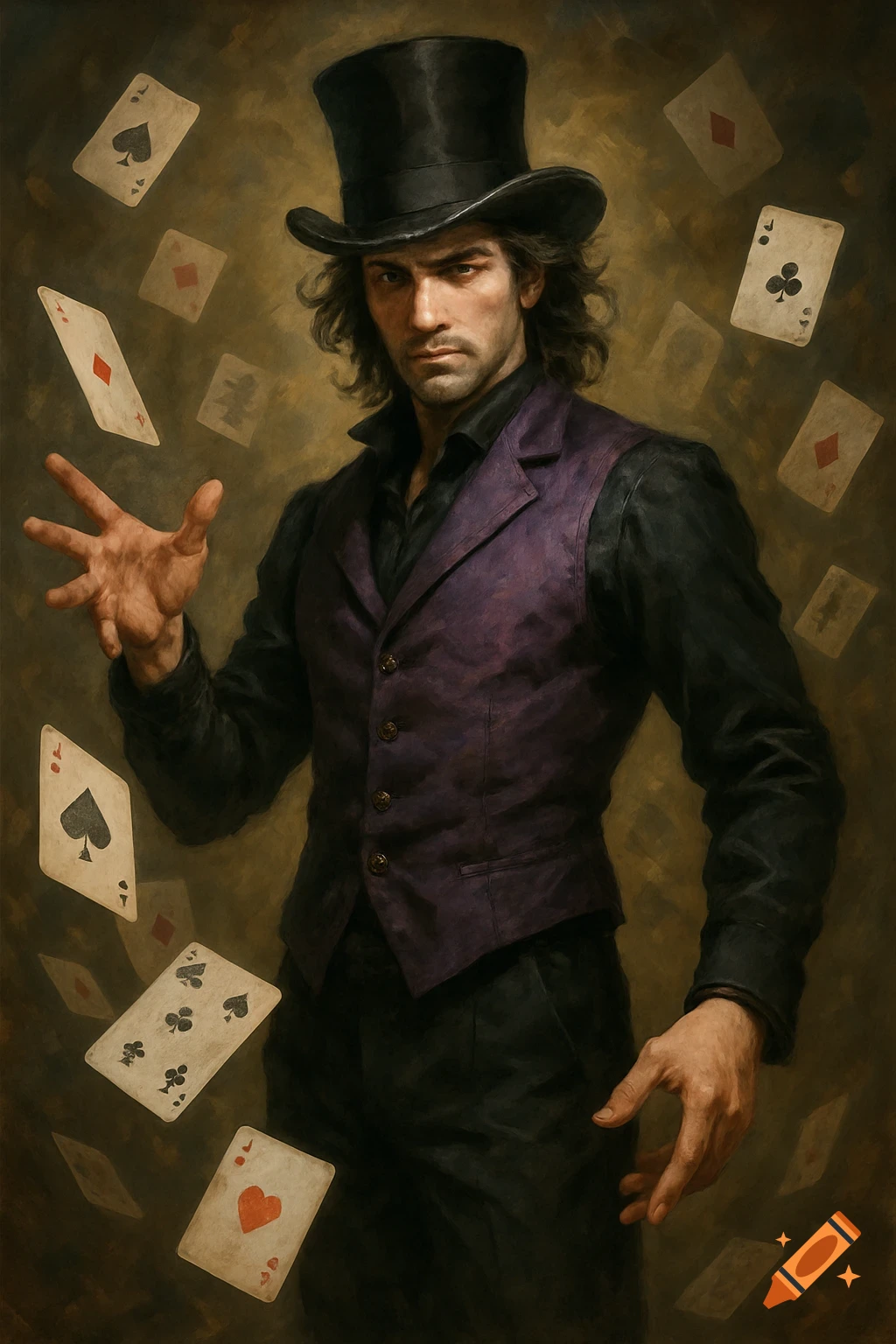 Painterly portrait of a magician in a top hat and purple vest, with playing cards floating around him.