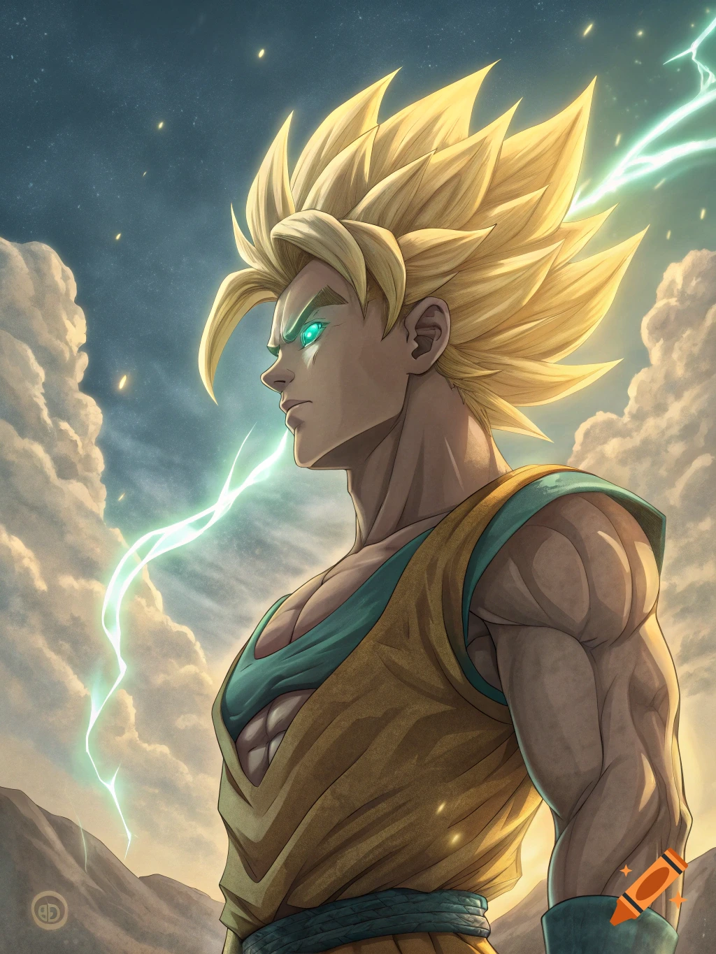 An anime-style illustration of a character resembling Super Saiyan Goku with glowing eyes and lightning, against a cloudy sky.