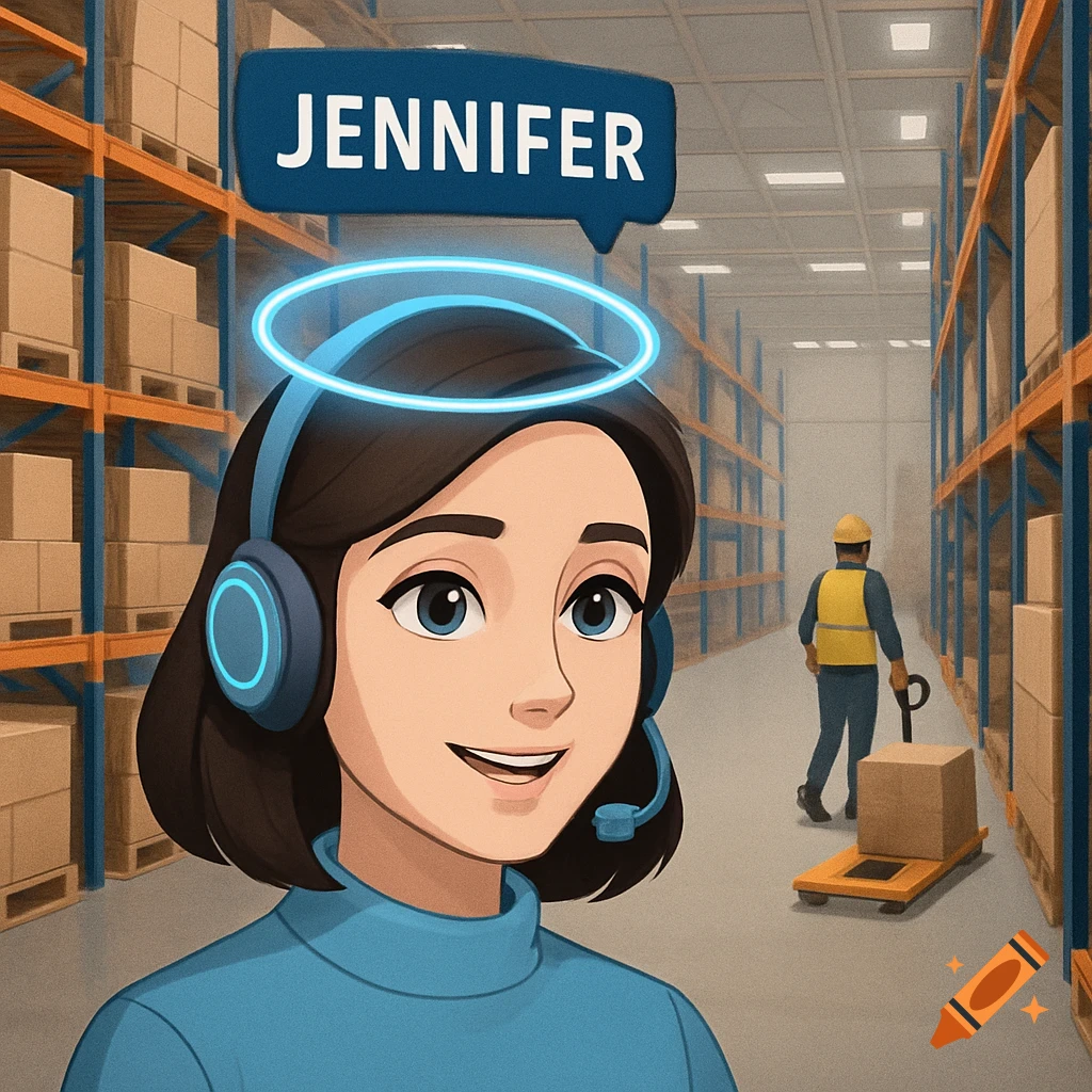Cartoon woman with headset and halo in a warehouse, with a speech bubble reading JENNIFER.