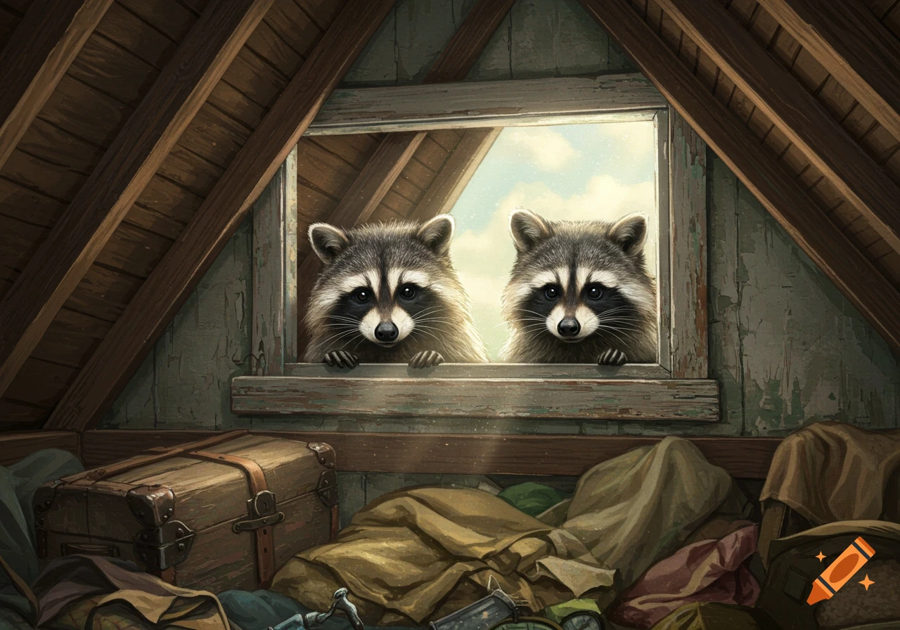 Two raccoons peek from a window in a dusty attic, peering down at forgotten items.