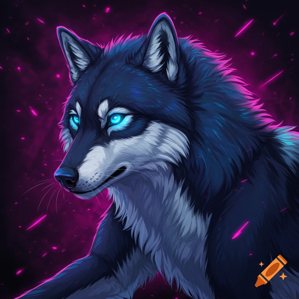 An anime-style wolf with bright blue eyes and dark blue and white fur, surrounded by purple neon streaks.