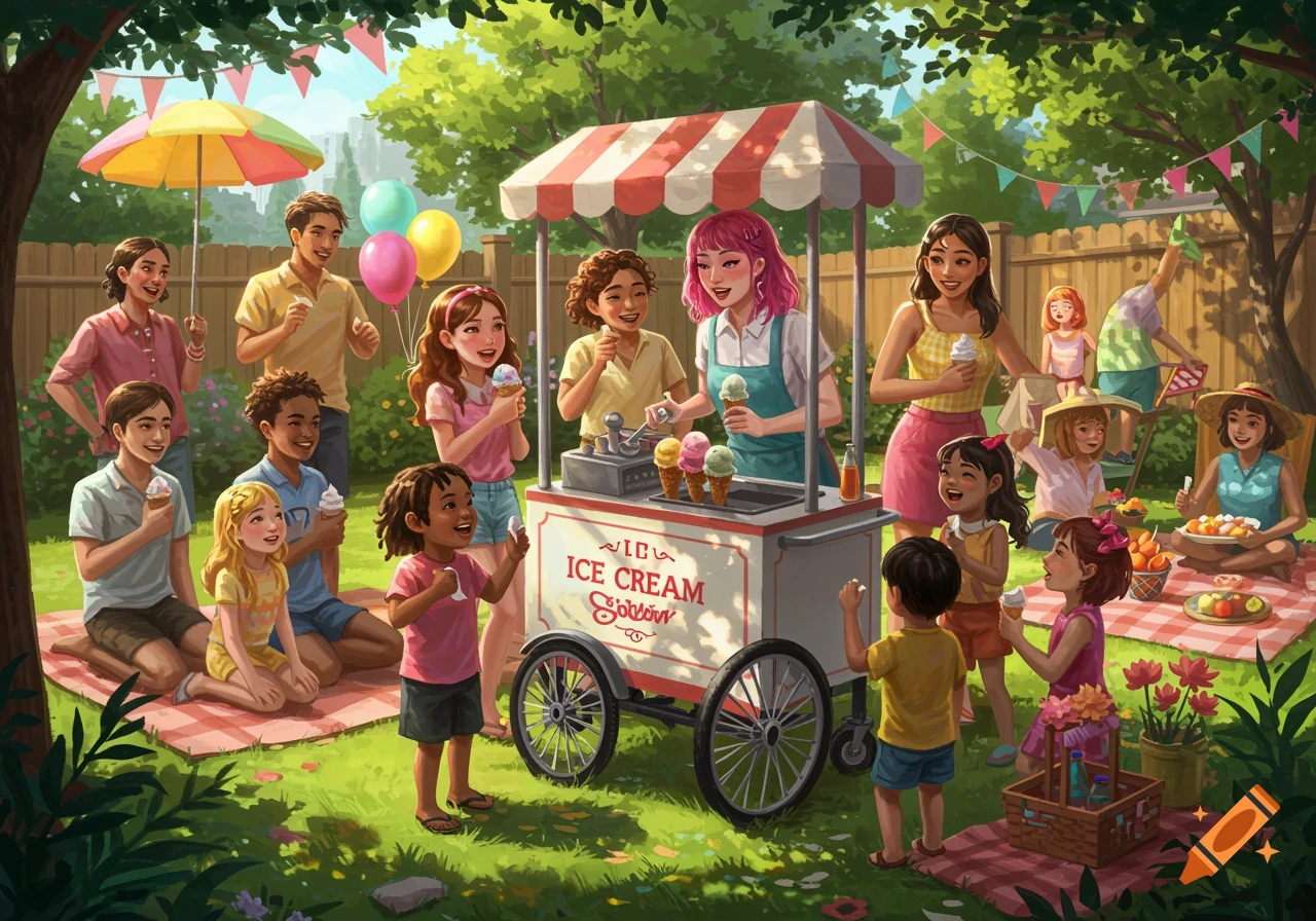 A group of adults and children enjoy an ice cream party in a sunny backyard.