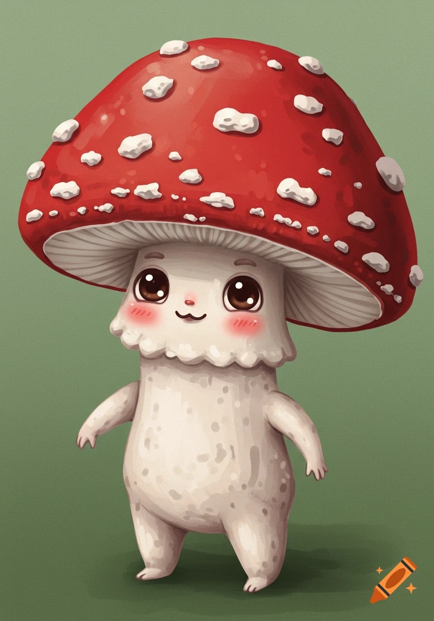 A cute, cartoony mushroom character with a red cap, white spots, big eyes, and rosy cheeks stands facing forward.