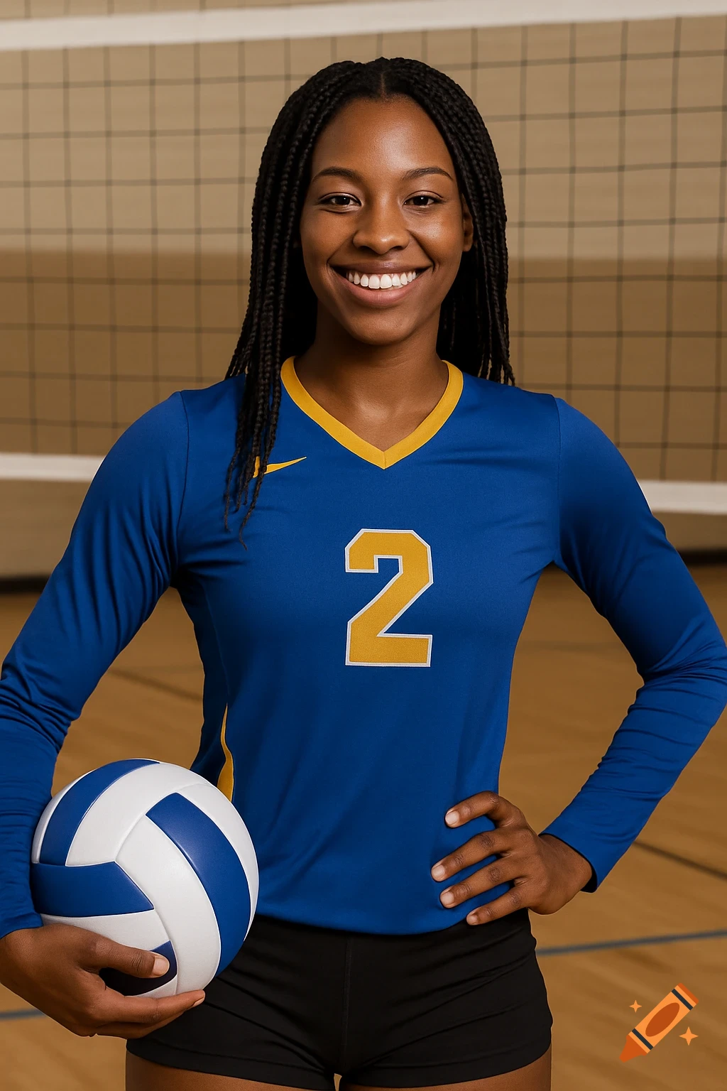 A young Black woman in a blue volleyball jersey with the number 2 holds a ball and smiles in a gym.