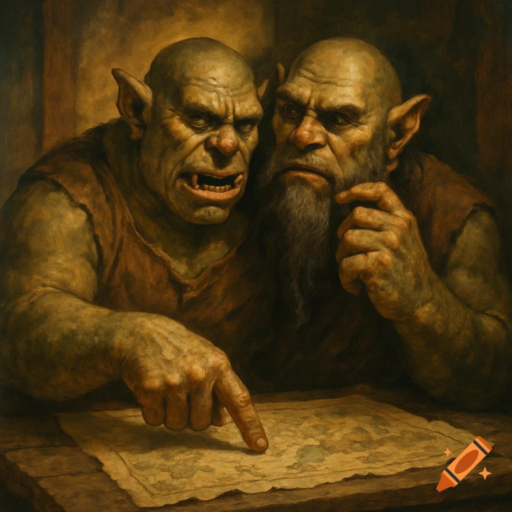 Two goblins studying a map on a table, one pointing, painted in an old master style