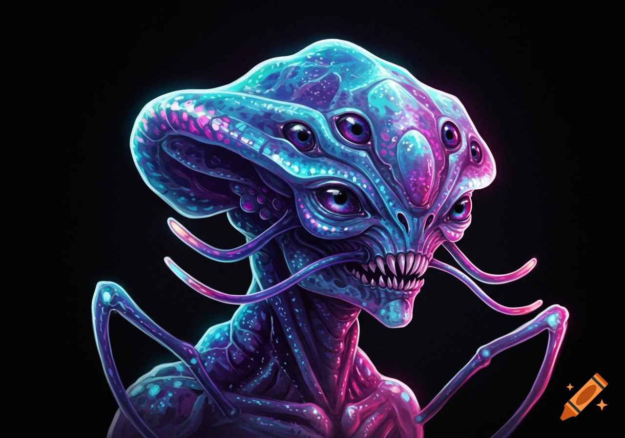 Close-up illustration of a bioluminescent alien creature with multiple eyes and tentacles against a black background.