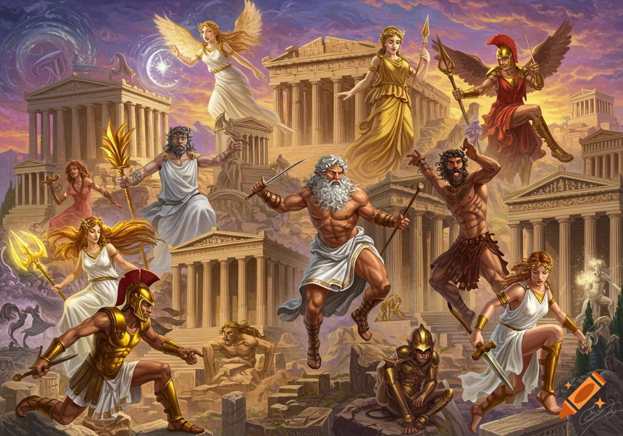Illustration of Greek gods and heroes battling among temple ruins
