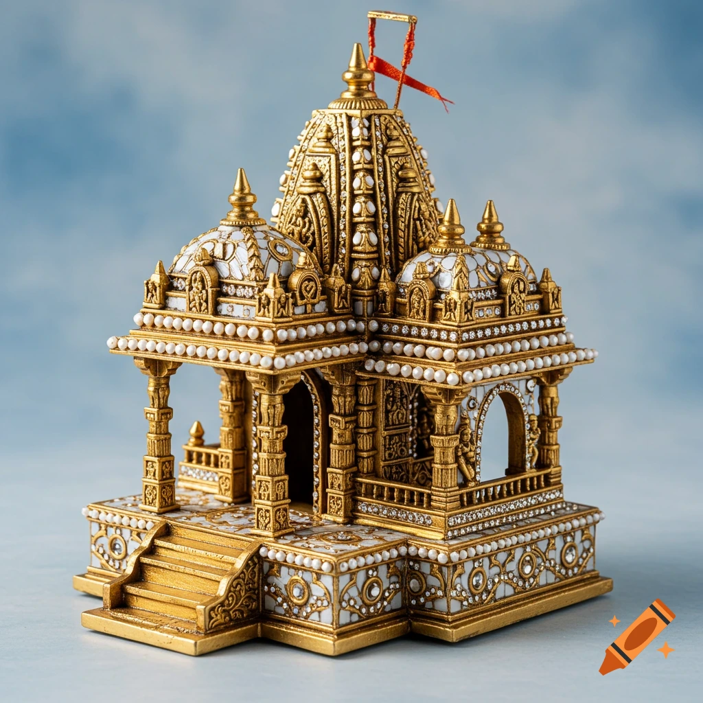 A detailed miniature golden and white temple decorated with pearls and crystals on a blue background.
