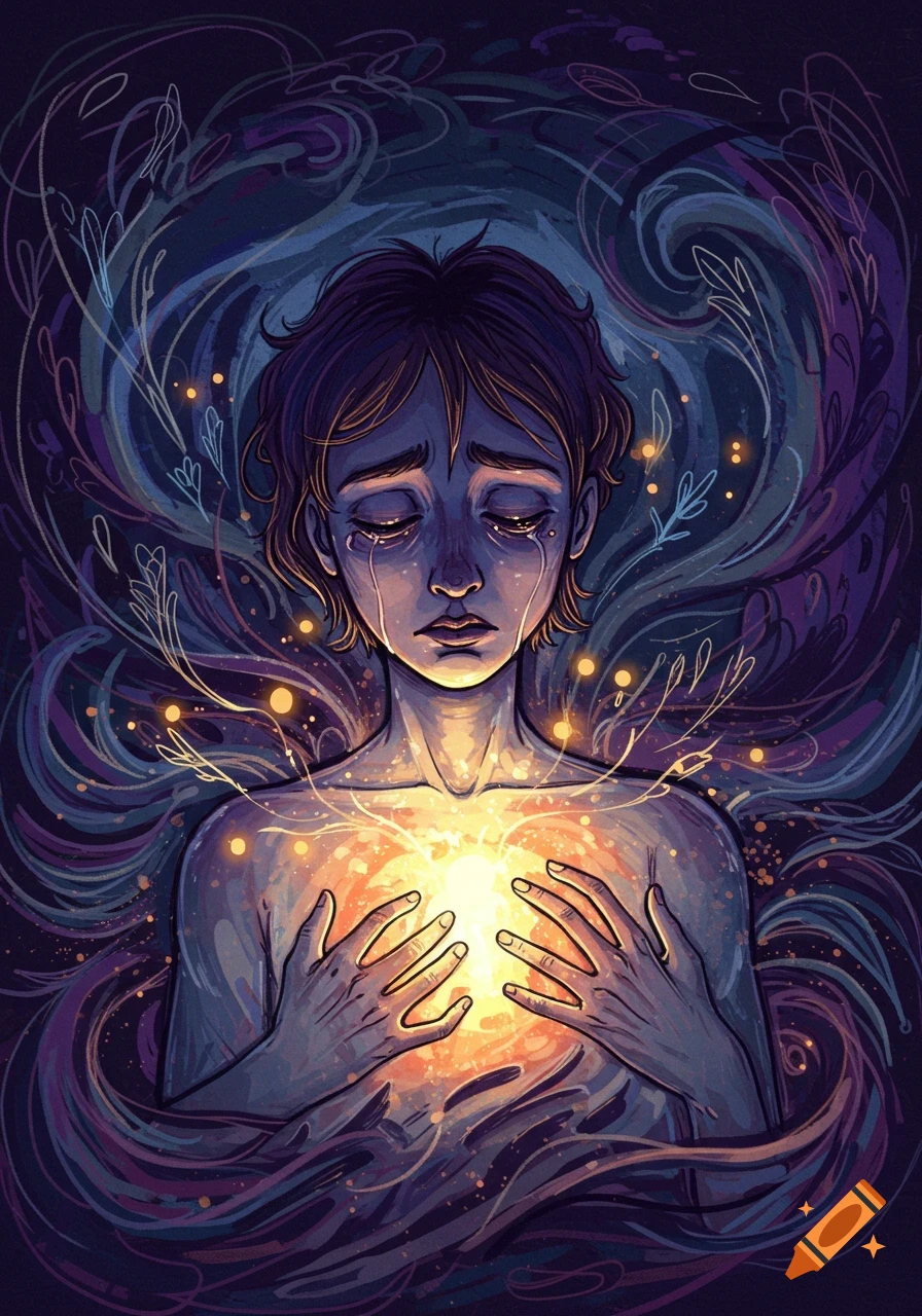 A stylized illustration of a person crying with glowing light emanating from their chest, surrounded by dark, swirling abstract shapes.