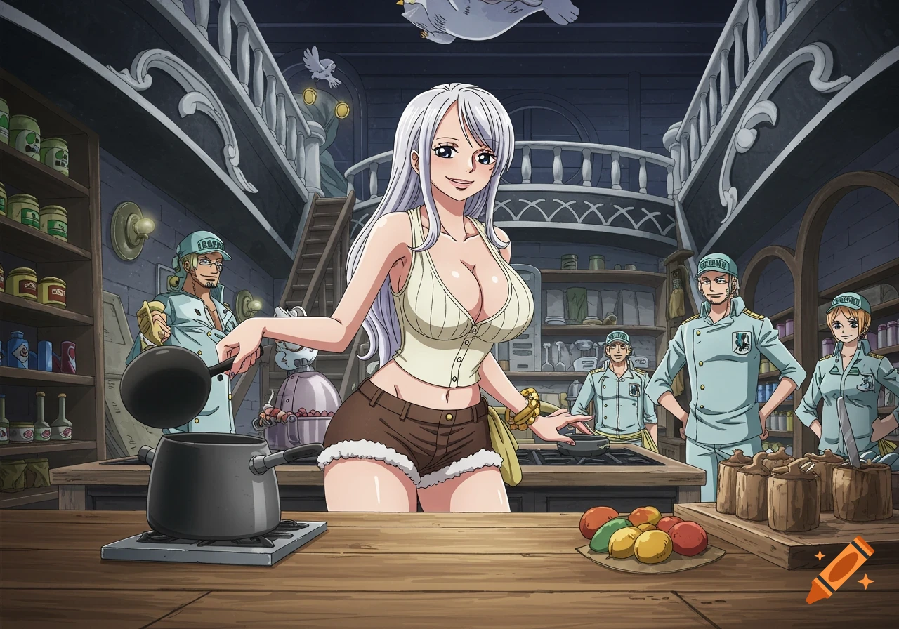 Anime woman with white hair cooking in a kitchen on a ship as Marines watch in One Piece style