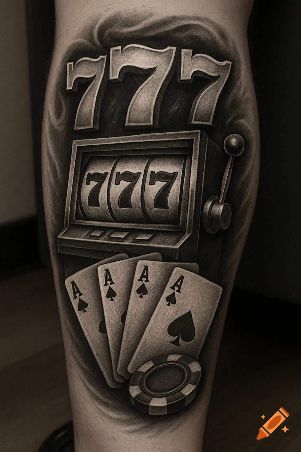 Black and white tattoo of a slot machine showing 777, poker Aces, and a casino chip on a leg.