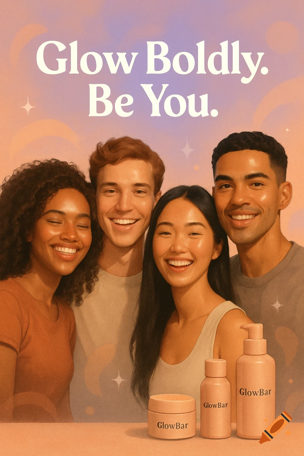 Smiling diverse young adults with glowing skin and skincare products, with text 'Glow Boldly. Be You.'