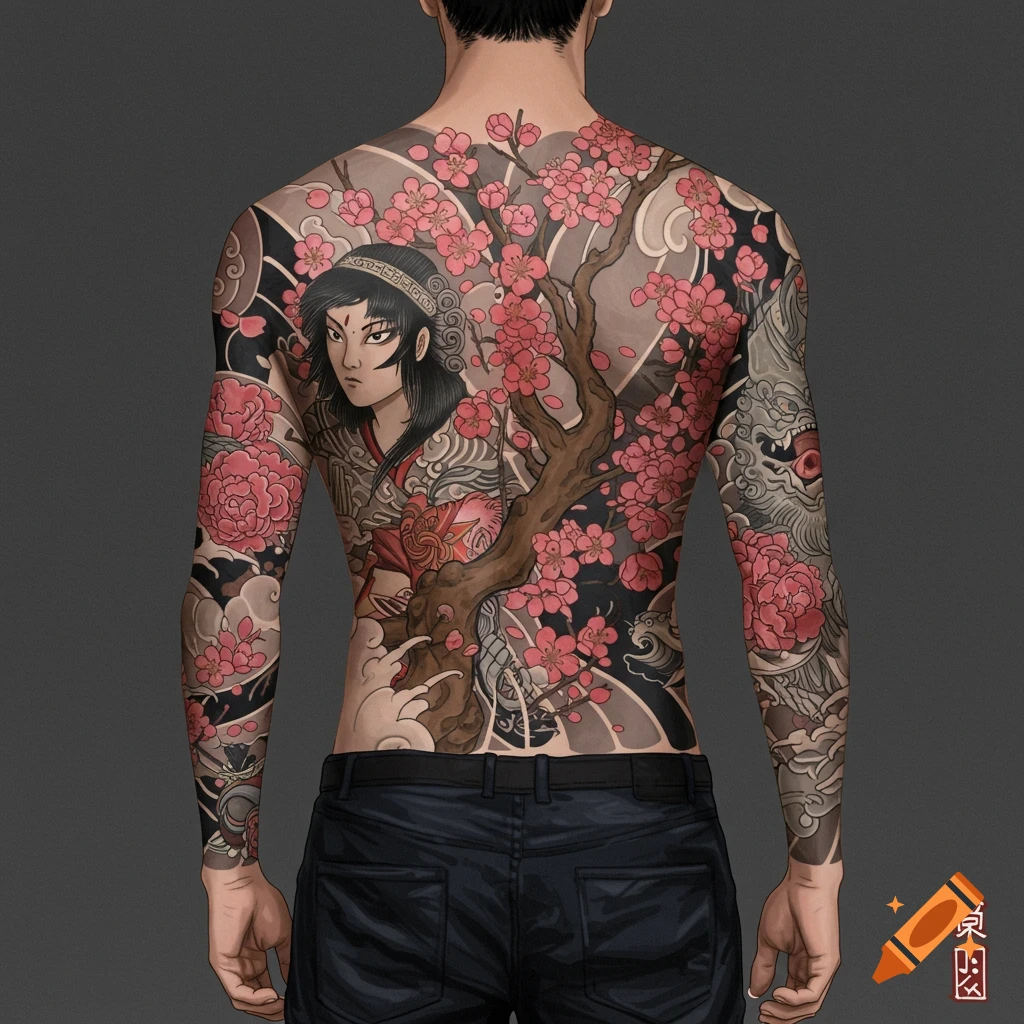 Illustration of a person's back and arms covered in a detailed Japanese Irezumi tattoo with cherry blossoms, a woman, a tree, and a lion.