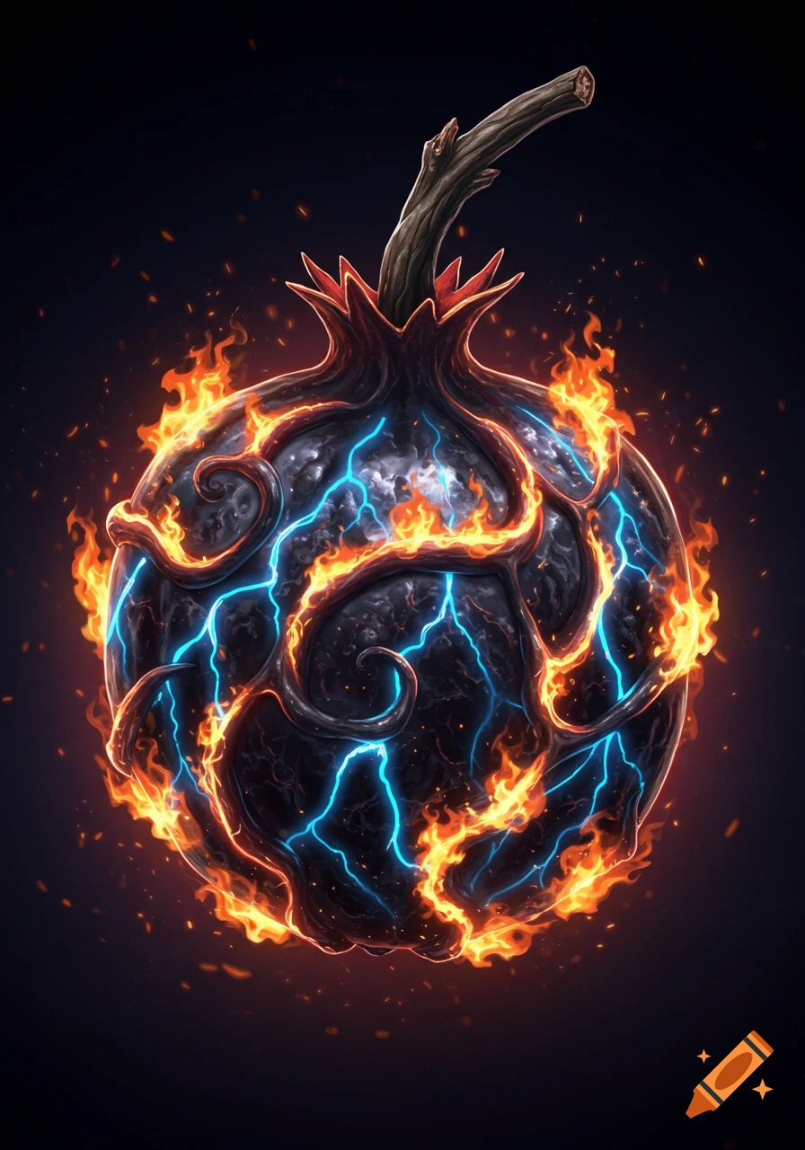 A dark fantasy fruit crackling with blue lightning and surrounded by orange flames on a black background.