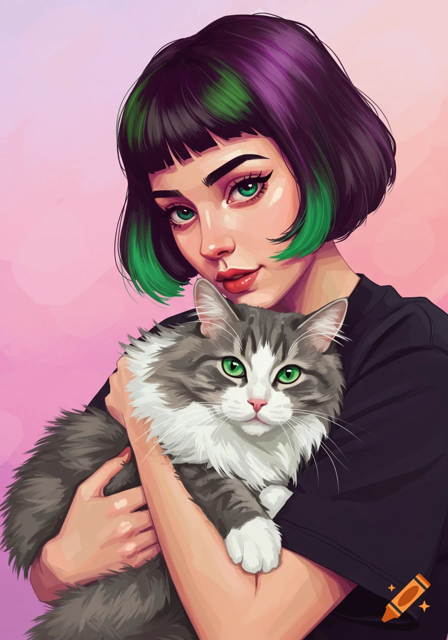 Illustration of a woman with green and purple bob haircut holding a fluffy grey and white cat.