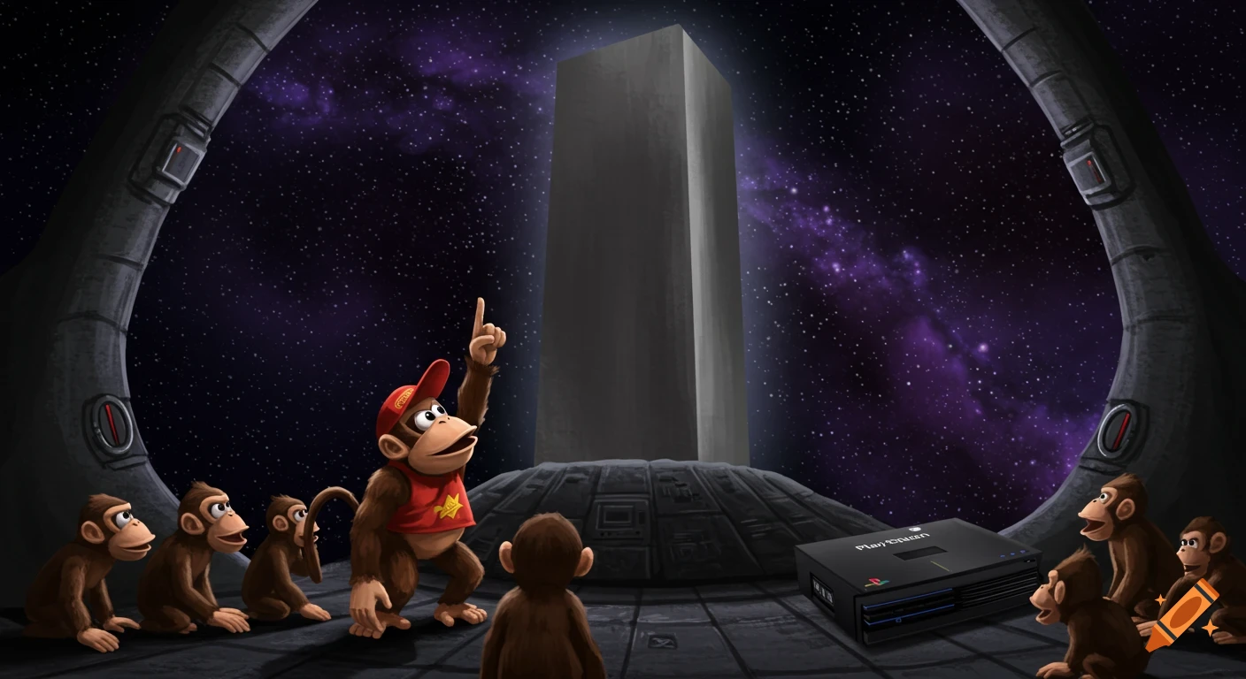 Diddy Kong and other monkeys look at a Playstation 2 console shaped like a monolith in space
