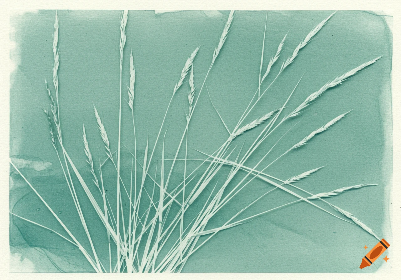 Pale green-blue cyanotype photogram of wild grasses