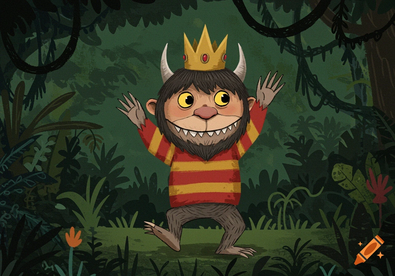 Illustration of a Wild Thing monster character with a crown and striped shirt in a jungle setting, raising its hands.
