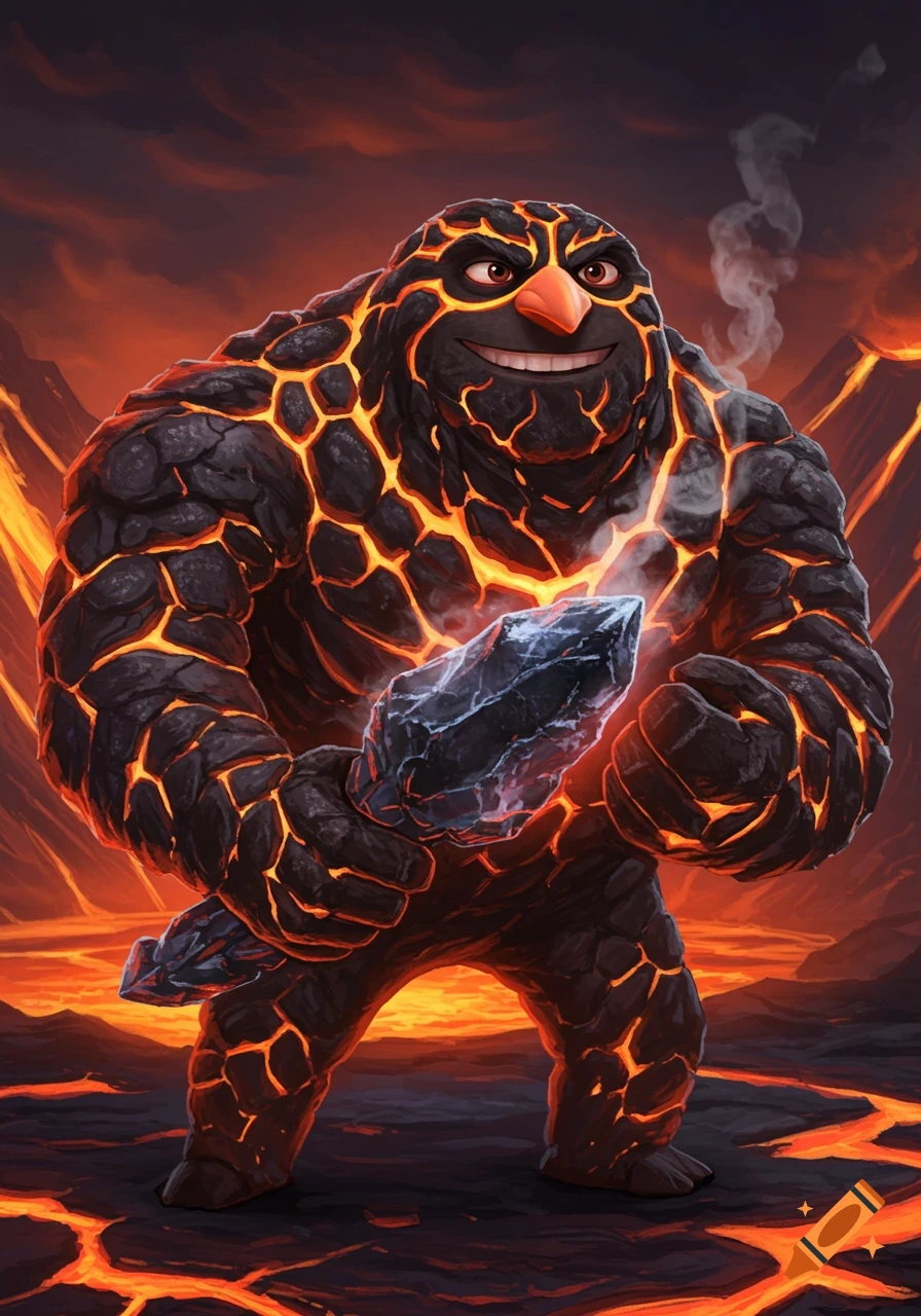 A friendly, cartoonish lava monster resembling Gru stands in a volcanic landscape holding a glowing rock.