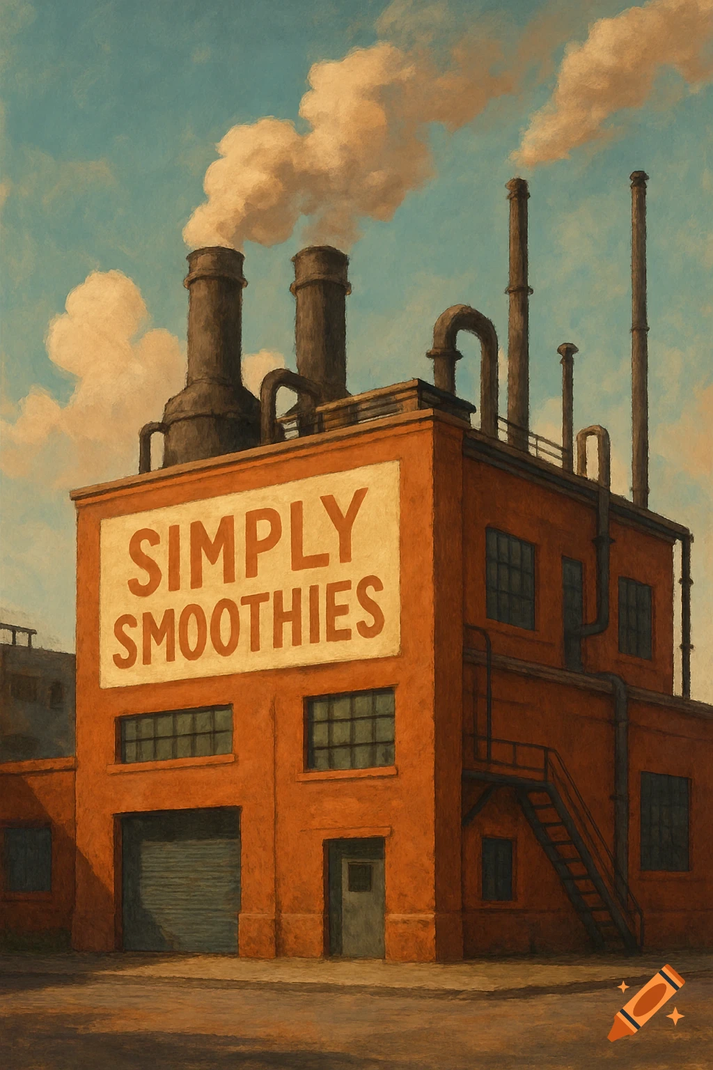 A painterly depiction of an orange factory building with smokestacks emitting smoke and 'Simply Smoothies' on a sign.