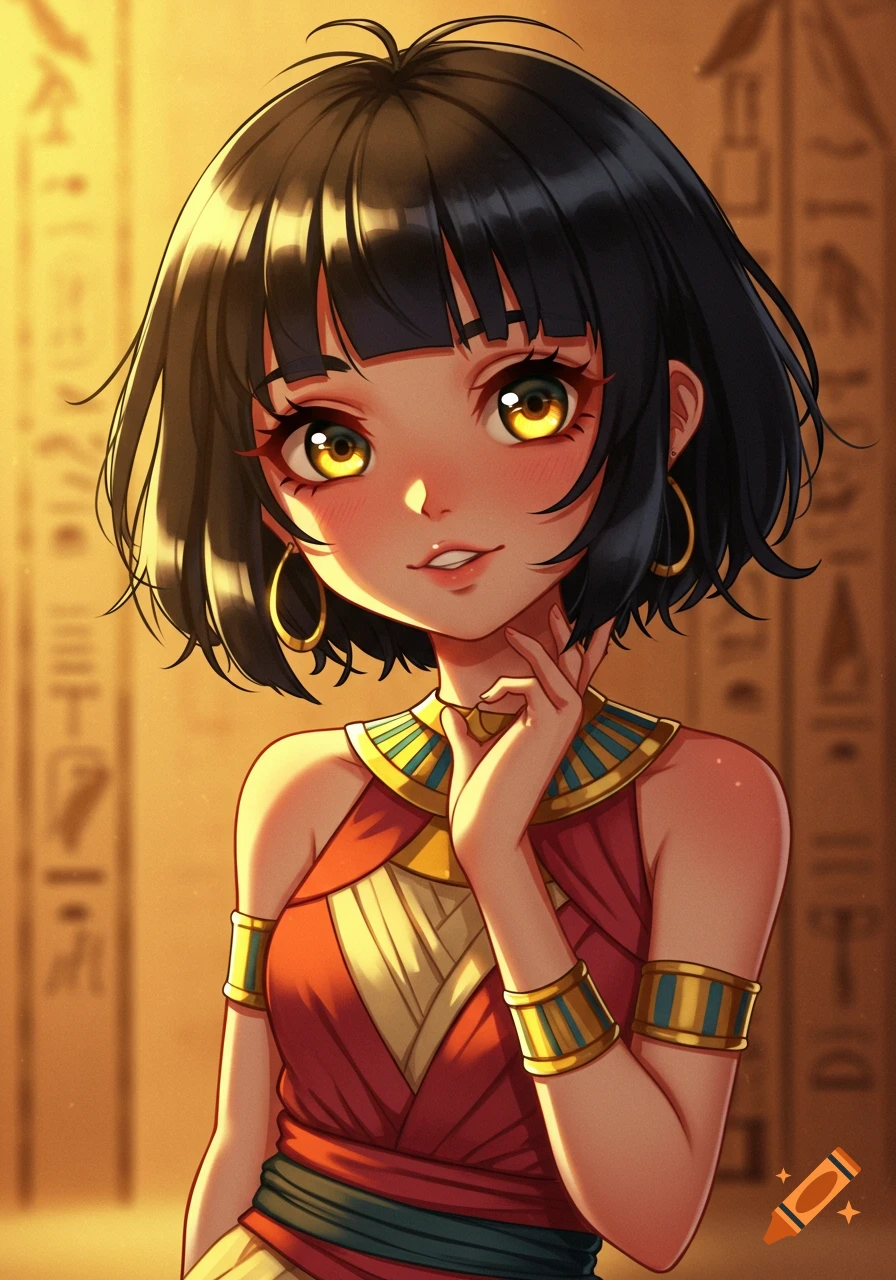 Anime style portrait of an Egyptian girl with short black hair and golden eyes, wearing traditional attire, against a wall with symbols.