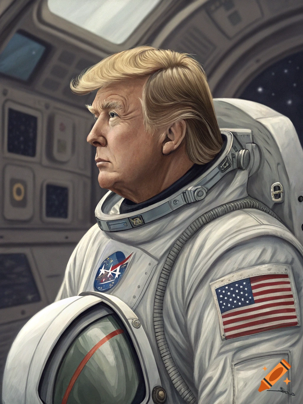 Portrait of Donald Trump wearing a space suit inside a spaceship.