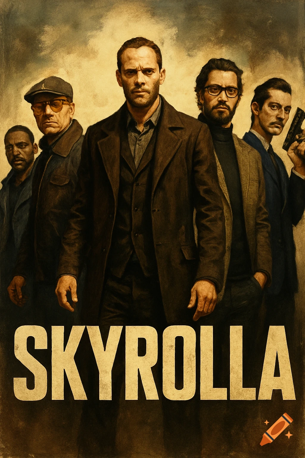 Five men in a dramatic movie poster style, with the title SKYROLLA below.