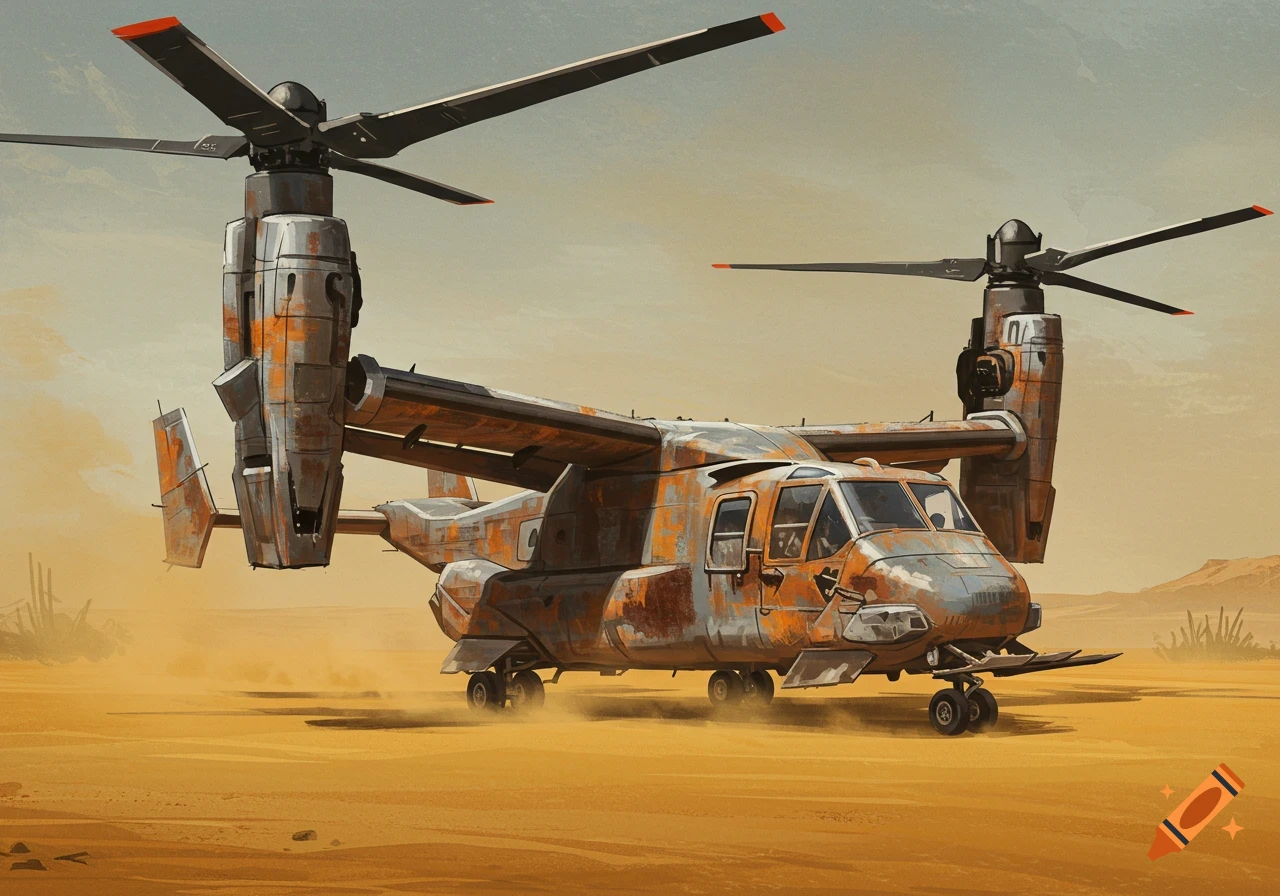 A rusty tiltrotor aircraft lands in a post-apocalyptic desert landscape.
