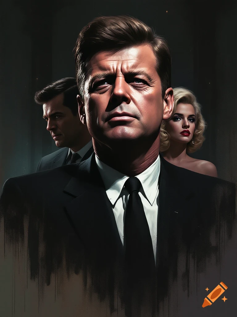 Portrait of John F. Kennedy with figures resembling Frank Sinatra and Marilyn Monroe behind him, dramatic style.