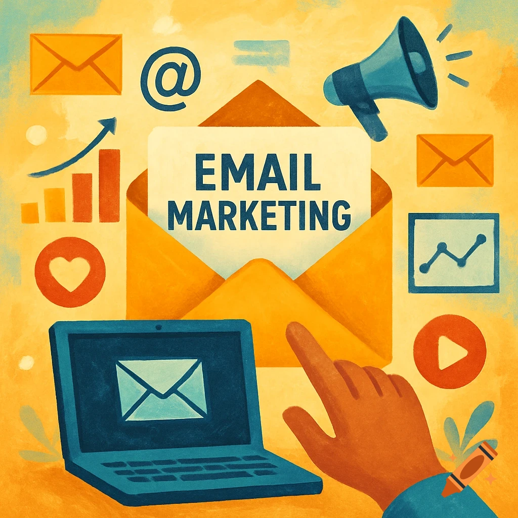 Illustration of email marketing concepts with envelope, text, icons, laptop, and pointing hand