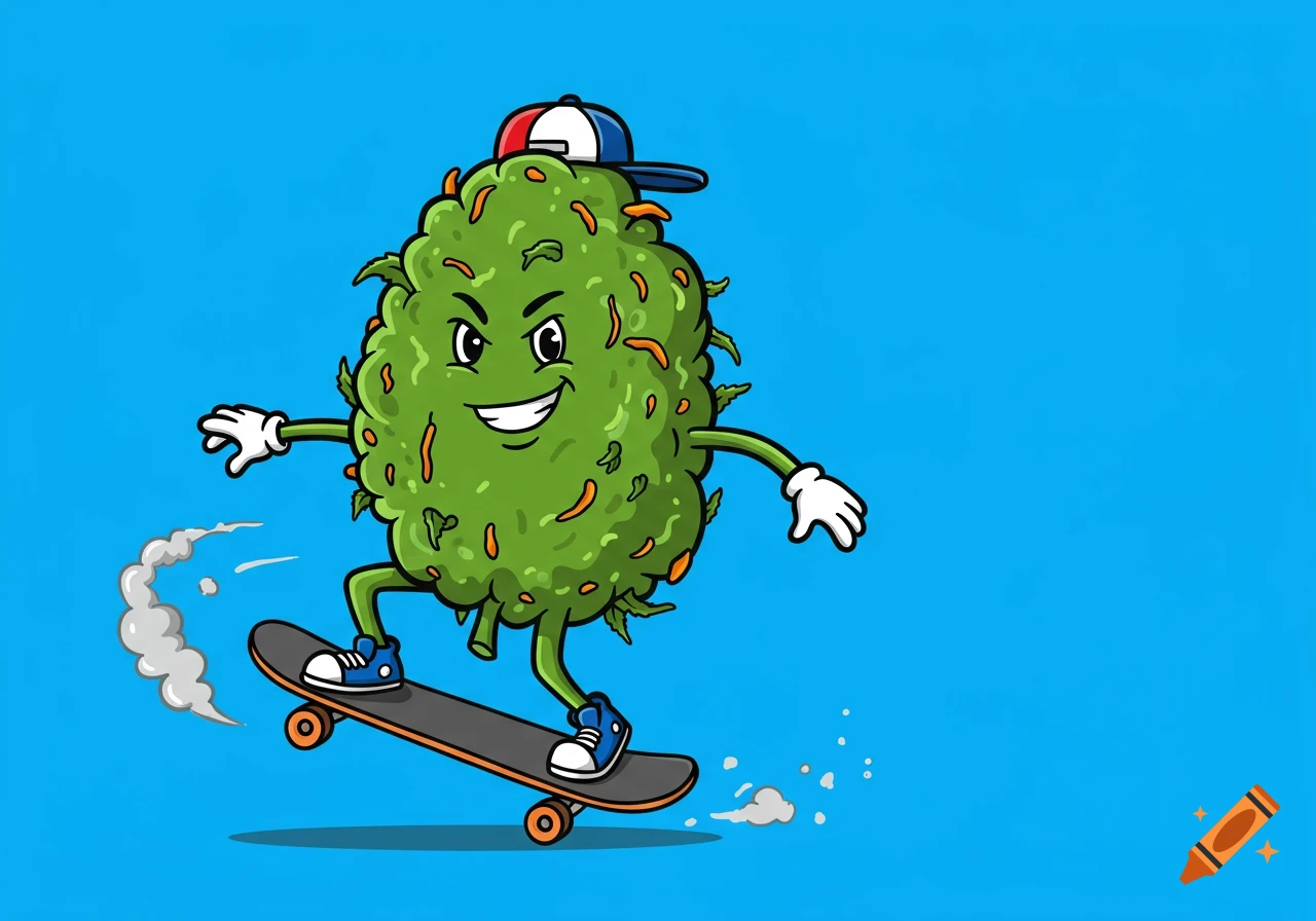Cartoon cannabis bud character riding a skateboard