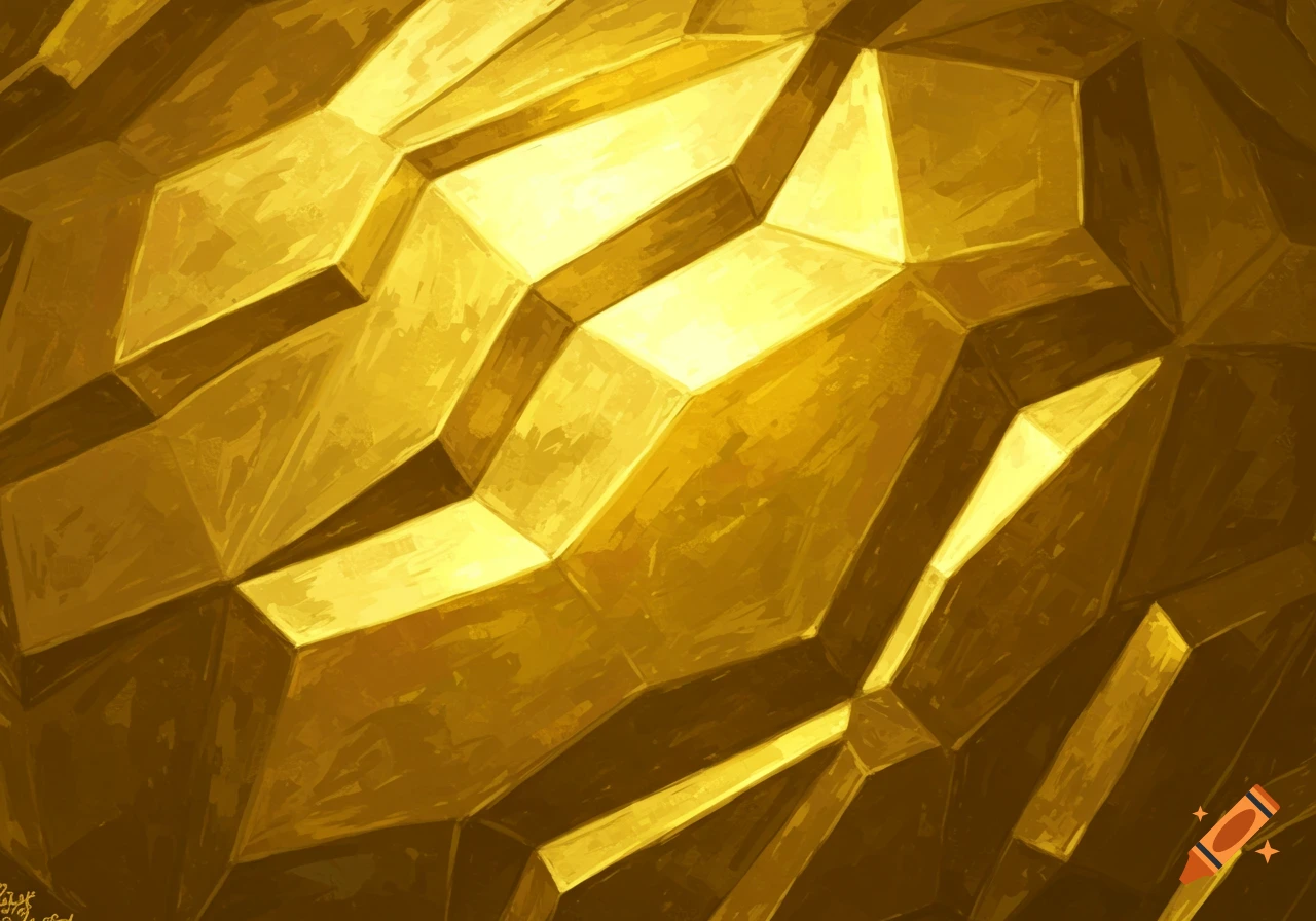 An abstract close-up texture of faceted golden geometric shapes with highlights.