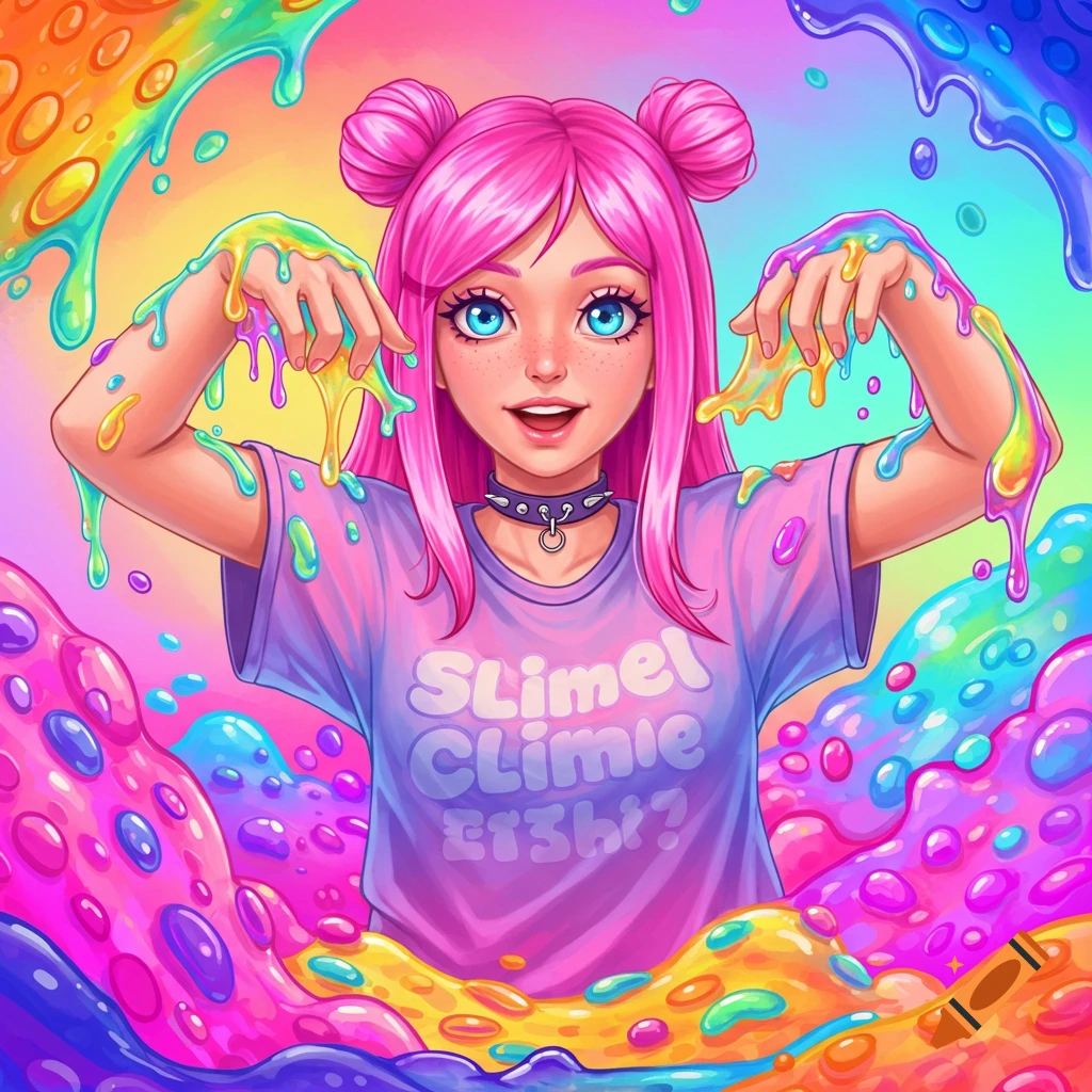 Colorful illustration of a girl with pink hair playing with bright, dripping slime.
