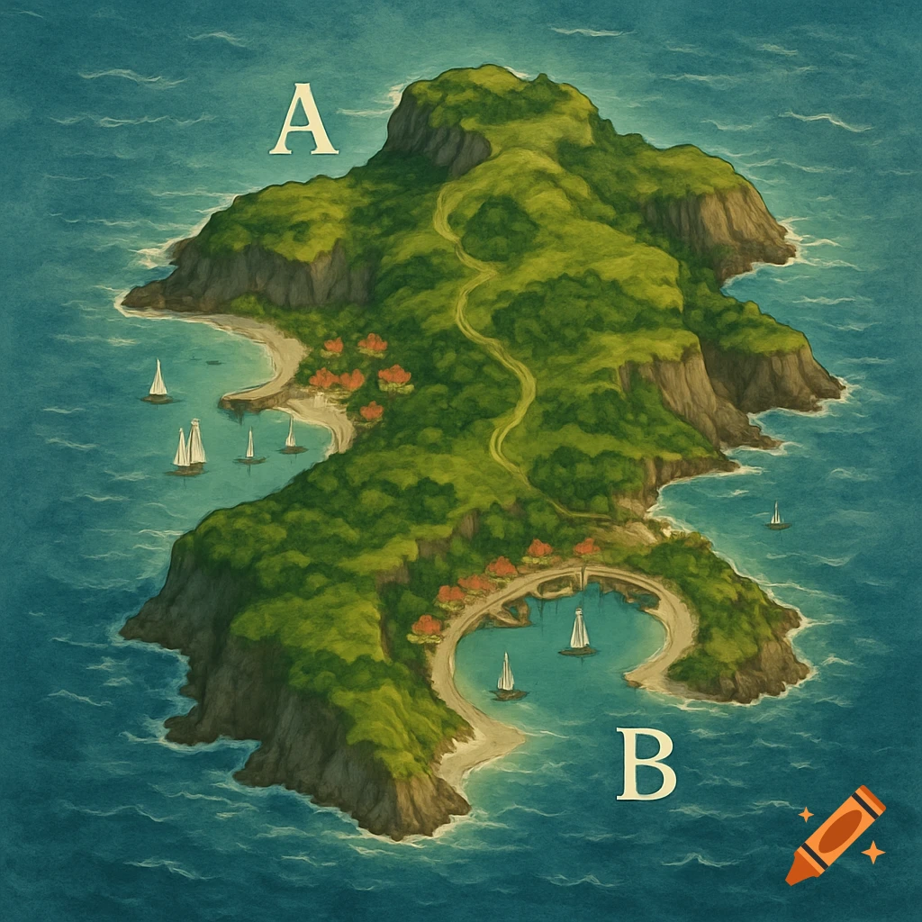 Illustrated map of an island with two harbors labeled A and B, sailboats in the water.