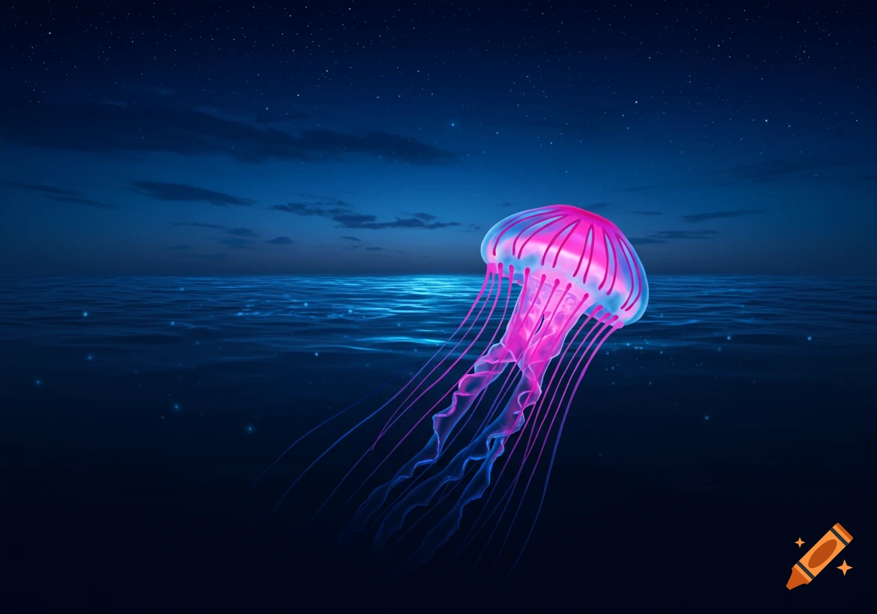 A glowing pink and blue jellyfish swims in a dark ocean under a starry sky.