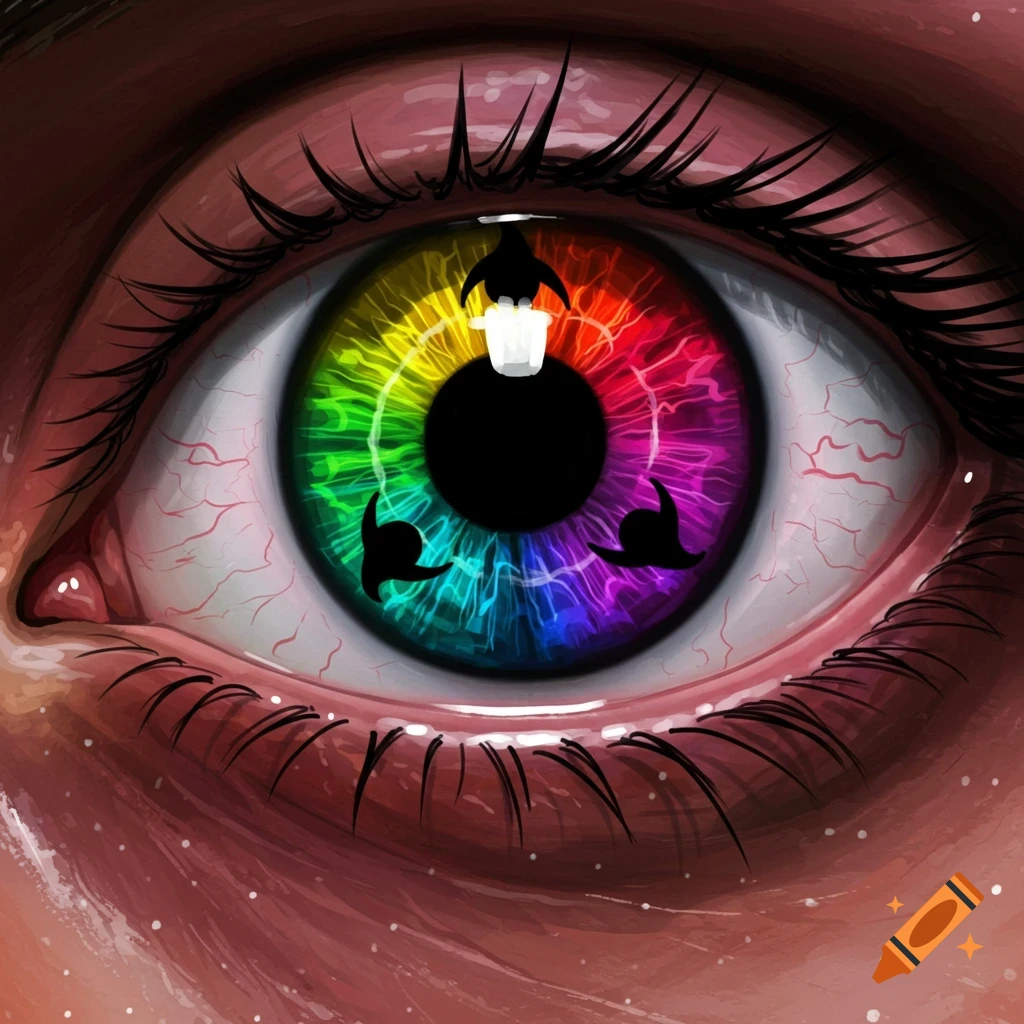 Close-up of an eye with a rainbow-colored iris and a black, stylized pupil resembling a sharingan.