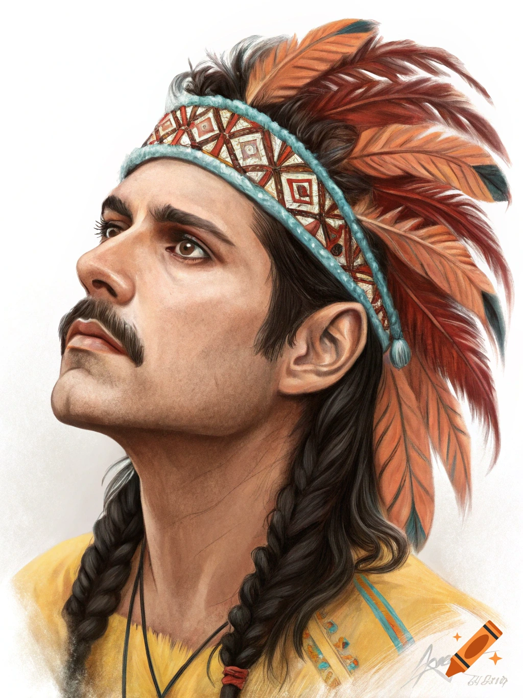 Portrait of a man resembling Freddie Mercury wearing a feathered headdress and traditional clothing, painterly style.
