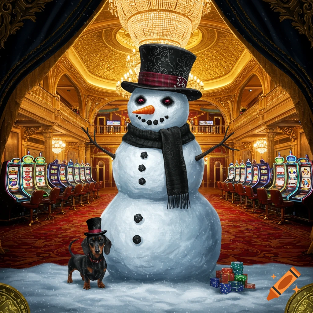 A snowman in a top hat and a dachshund in a top hat stand in a snowy casino lobby with slot machines and presents.