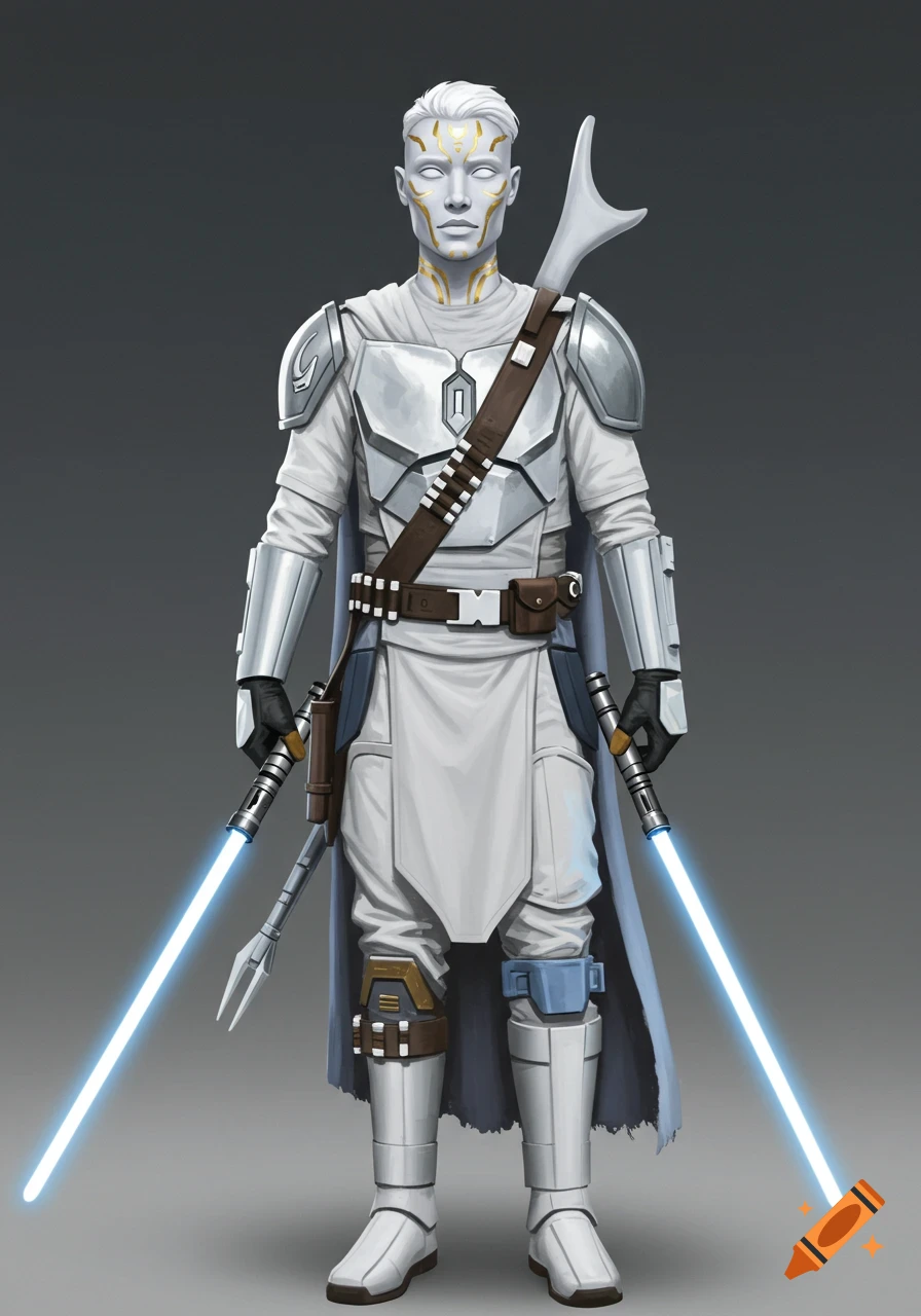A tall character in white armor and robes with golden facial markings holds two glowing blue lightsabers.