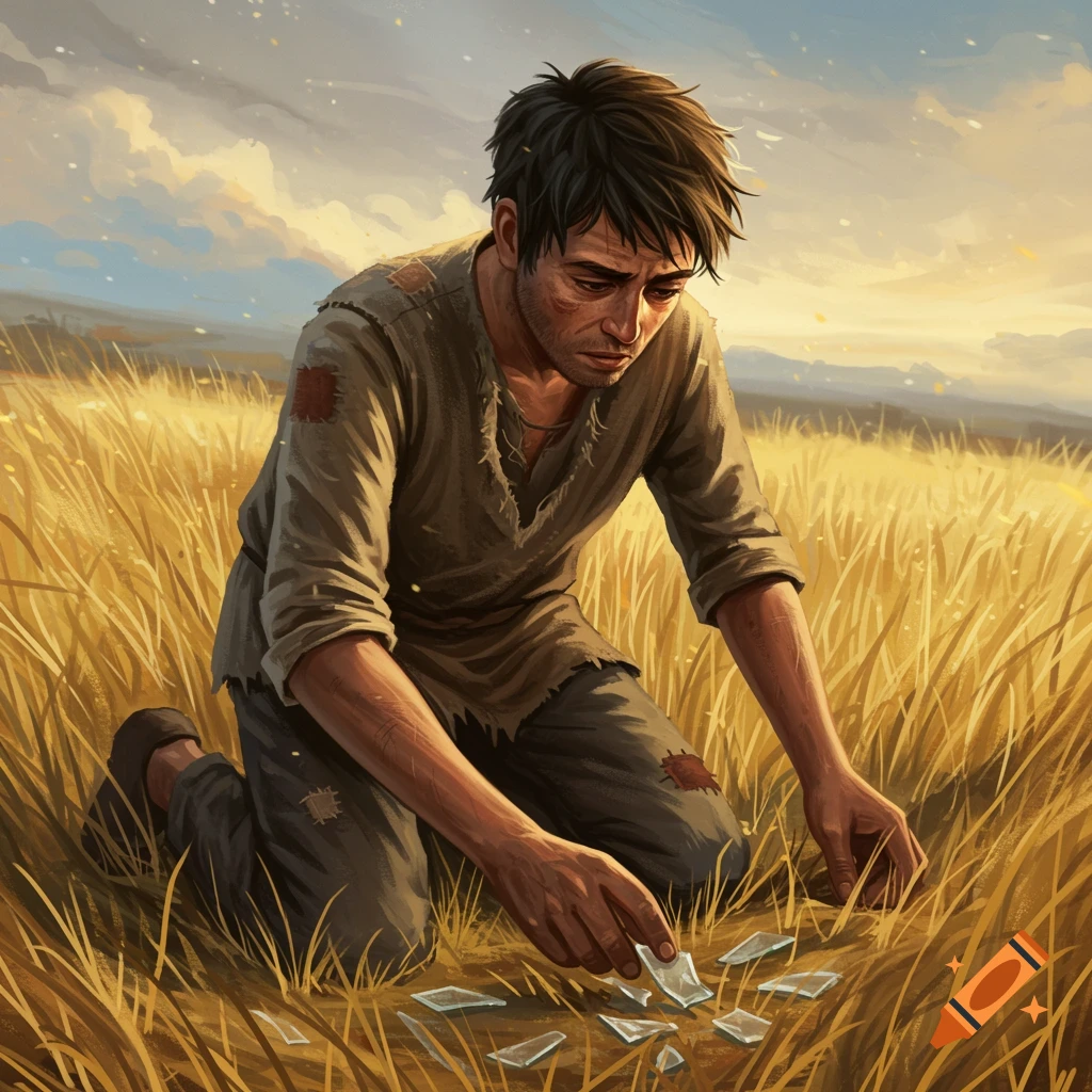 An illustrated man kneels in a wheat field, picking up pieces of broken glass