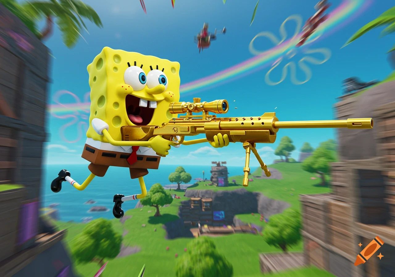 Spongebob Squarepants jumps and aims a golden sniper rifle in a Fortnite-style world.