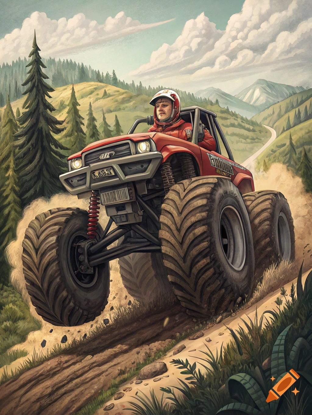 A red monster truck drives up a dirt hill in a mountain forest.
