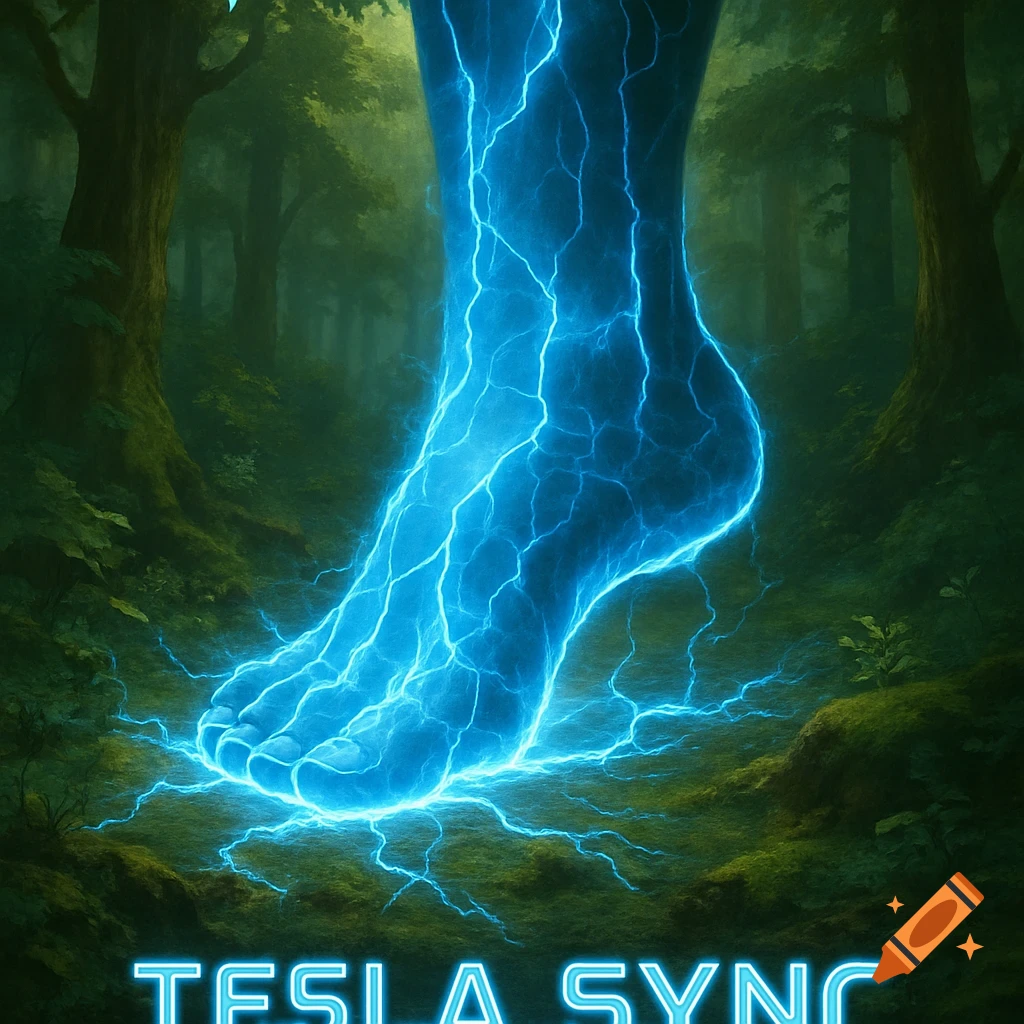 A giant foot crackling with blue electricity stands on mossy ground in a dark forest. Text reads 'TESLA SYNC'.
