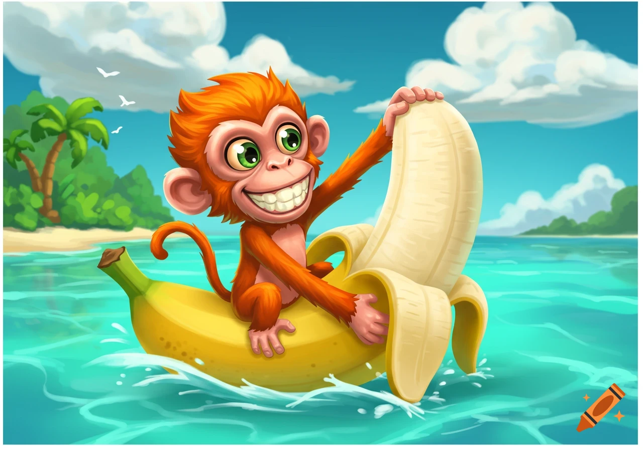 A happy cartoon monkey rides a banana like a boat on the water, with a beach and palm trees in the background.